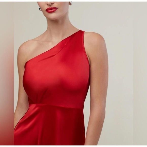 Rachel Parcell Red Silky Charmeuse One Shoulder‎ Slit Midi Dress 4 - Picture 2 of 8